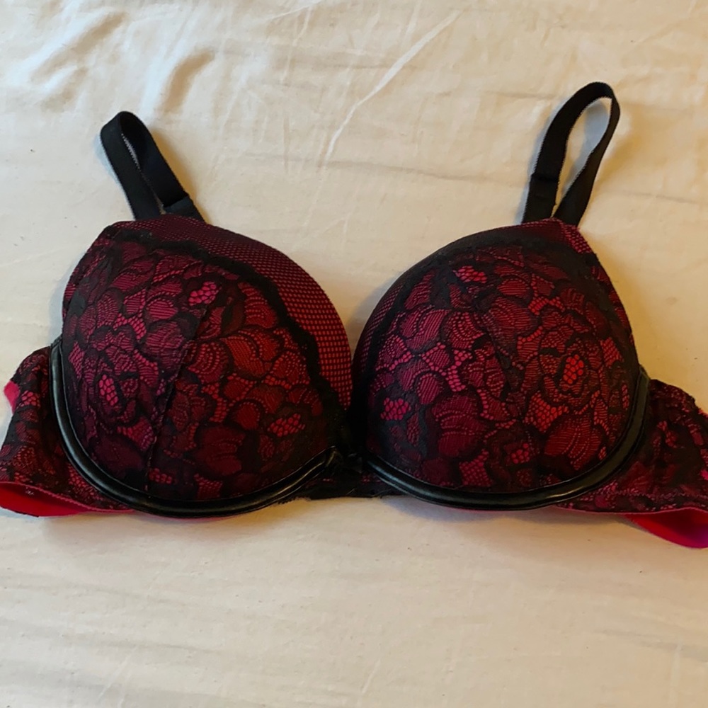 Pink lace and fishnet push up plunge bra